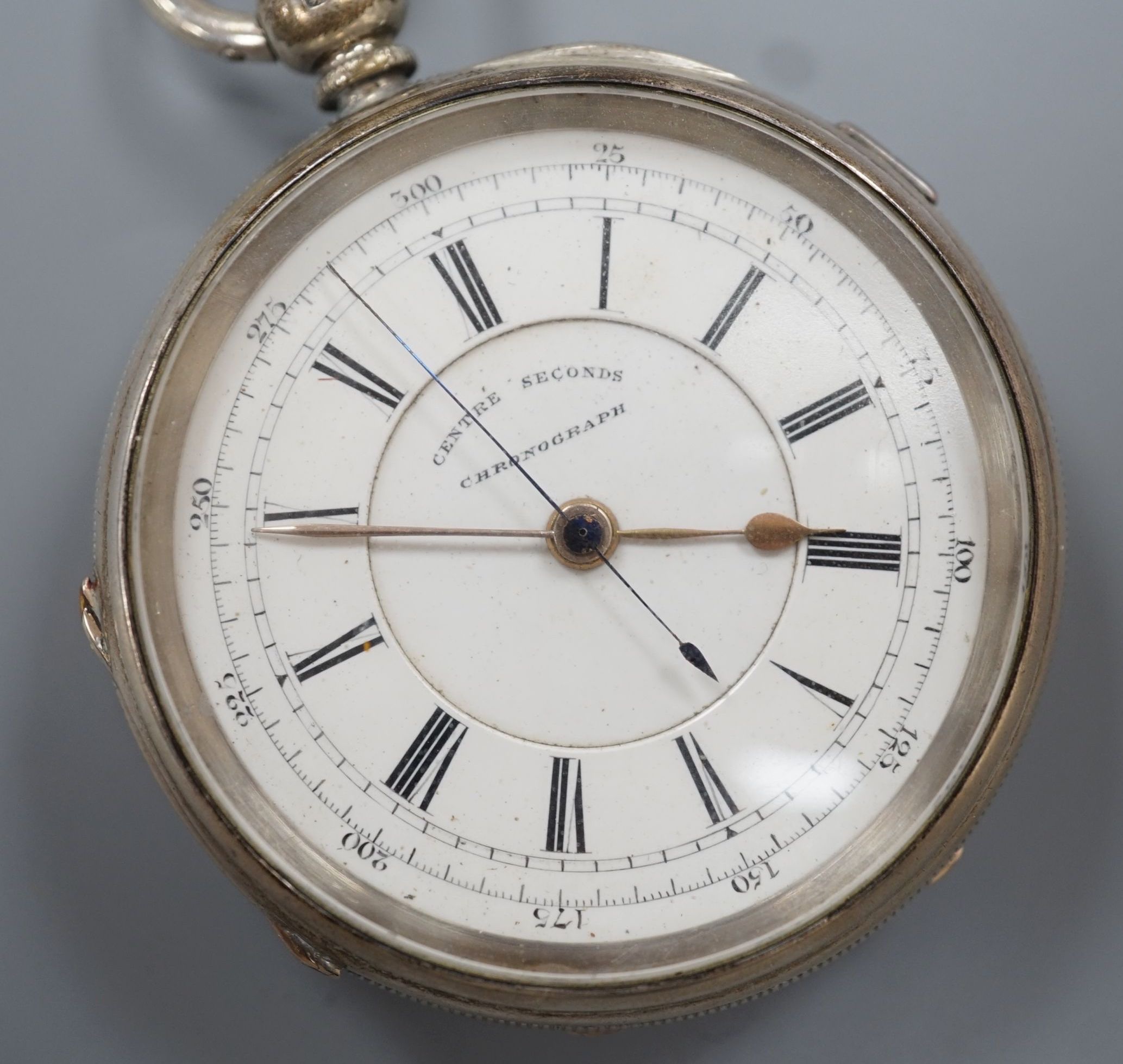 A Victorian silver open face keywind chronograph pocket watch, case diameter 53mm.